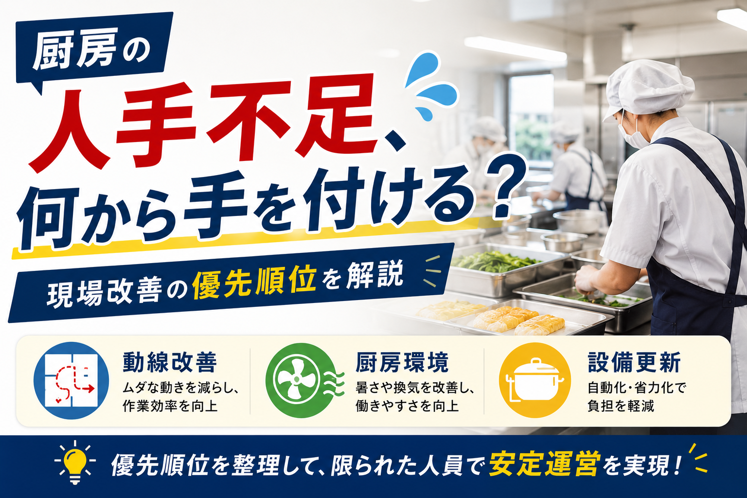 厨房の人手不足に悩む現場に向けて、改善の優先順位と具体的な対策を解説